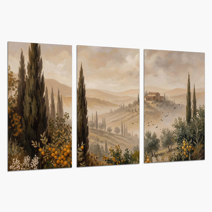 Cypress trees, distant villas and warm rolling hills set of 3 poster prints on a white background