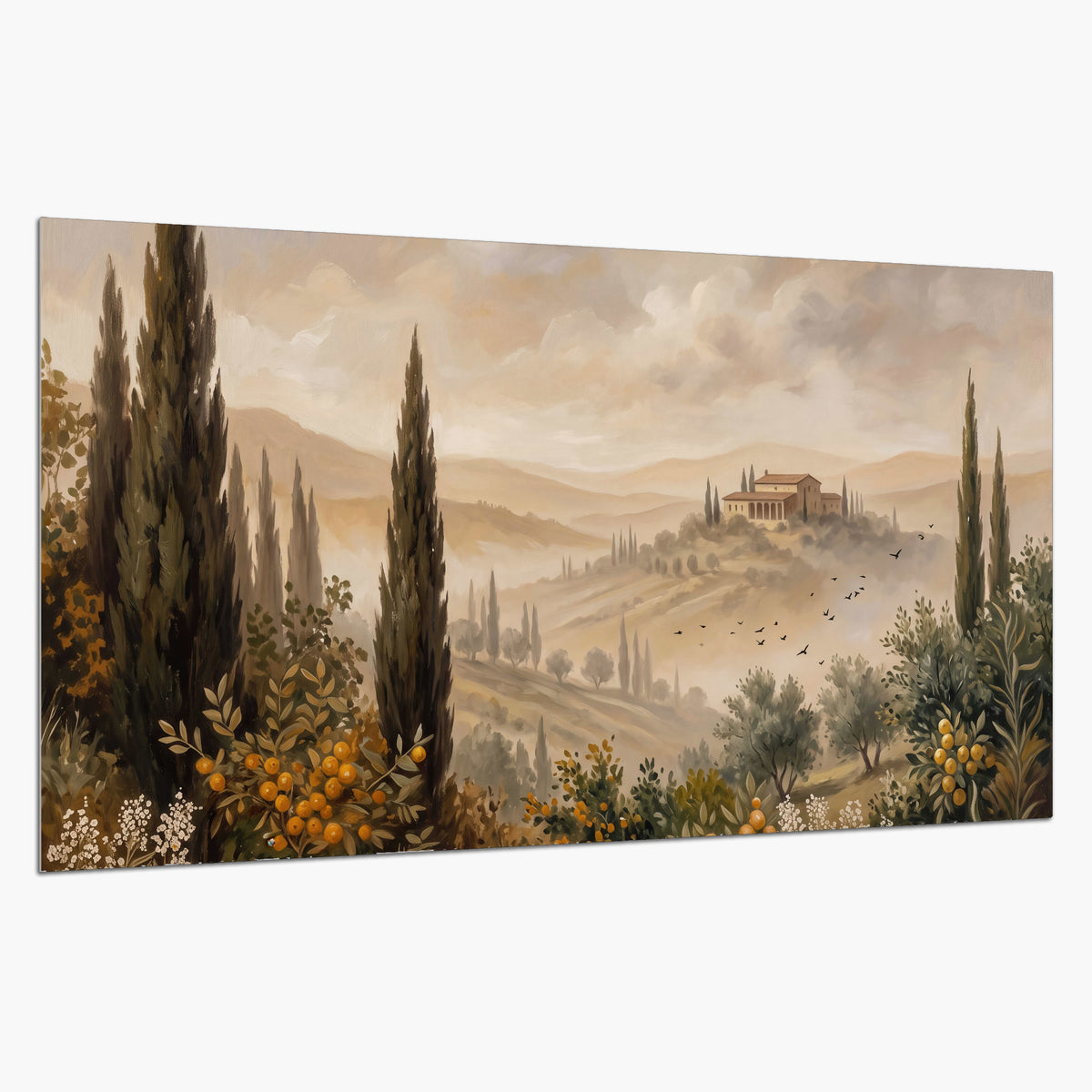 Cypress trees, distant villas and warm rolling hills single poster print on a white background