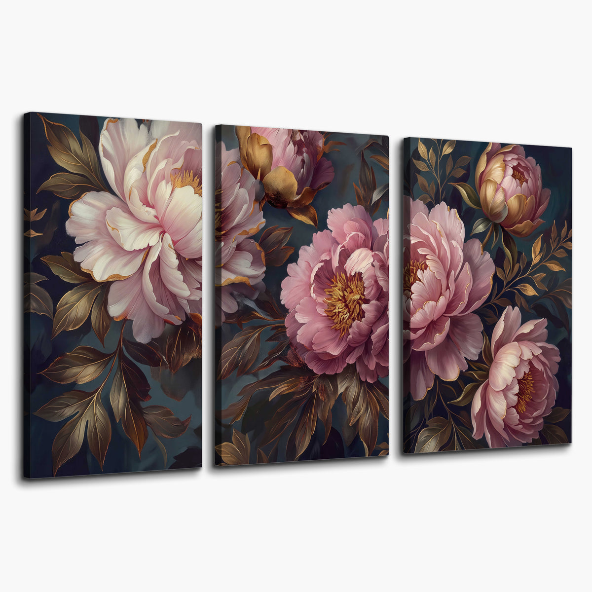 Large pink and cream peonies against deep blue foliage 3 piece canvas wall art on a white background