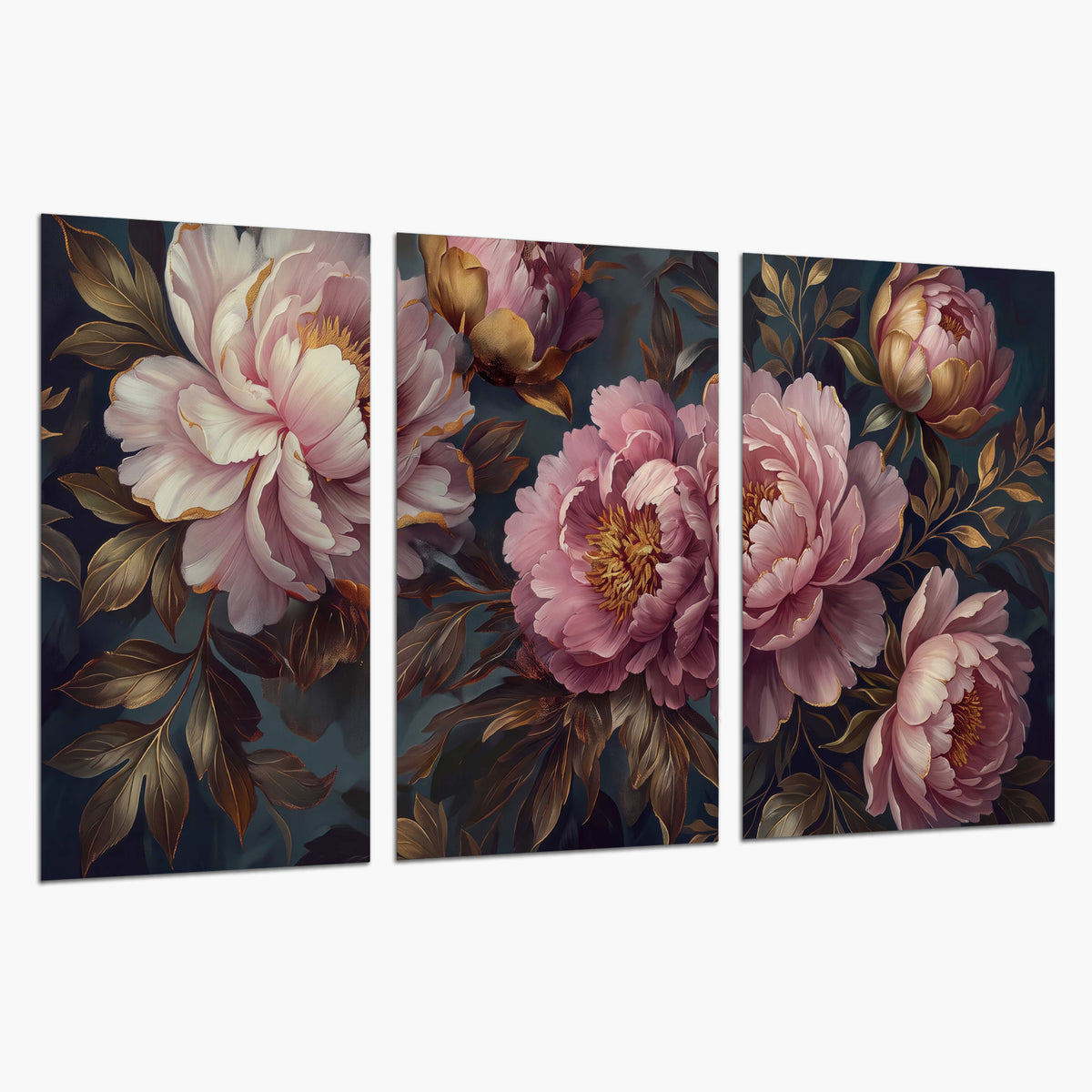 Large pink and cream peonies against deep blue foliage set of 3 poster prints on a white background