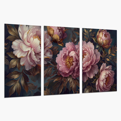 Large pink and cream peonies against deep blue foliage set of 3 poster prints on a white background