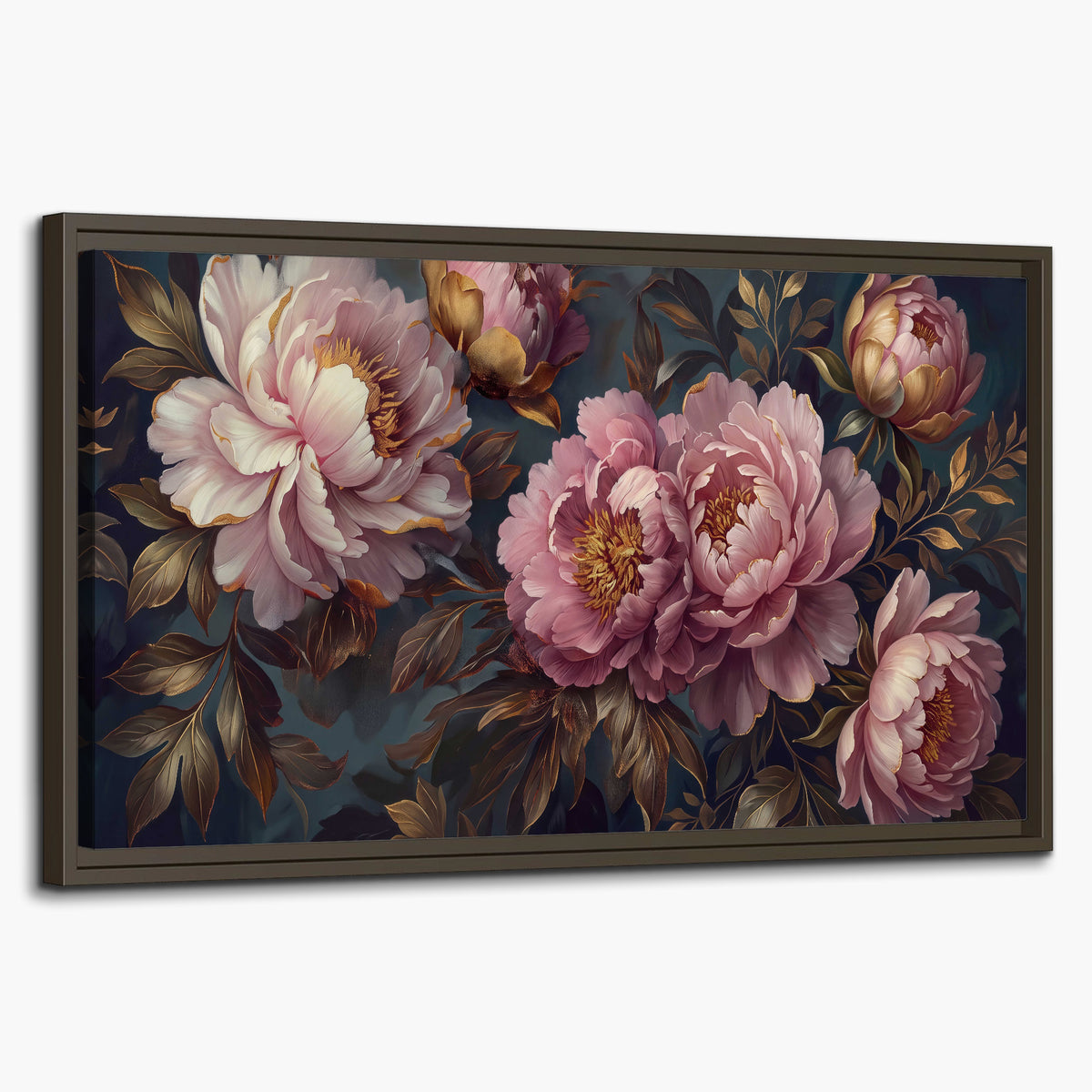 Large pink and cream peonies against deep blue foliage single framed canvas wall art on a white background