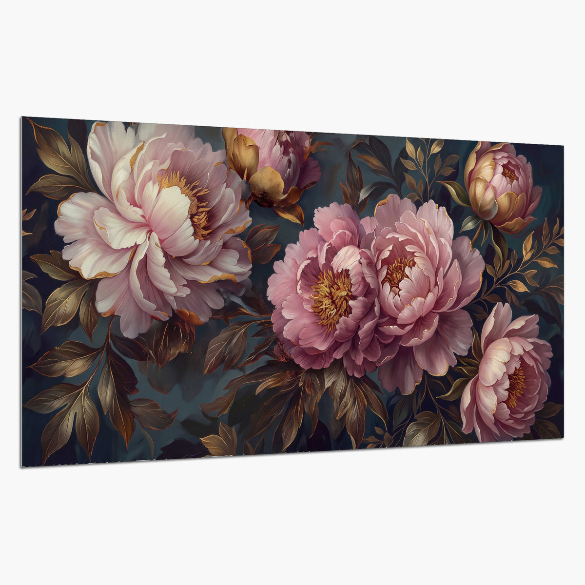 Large pink and cream peonies against deep blue foliage single poster print on a white background