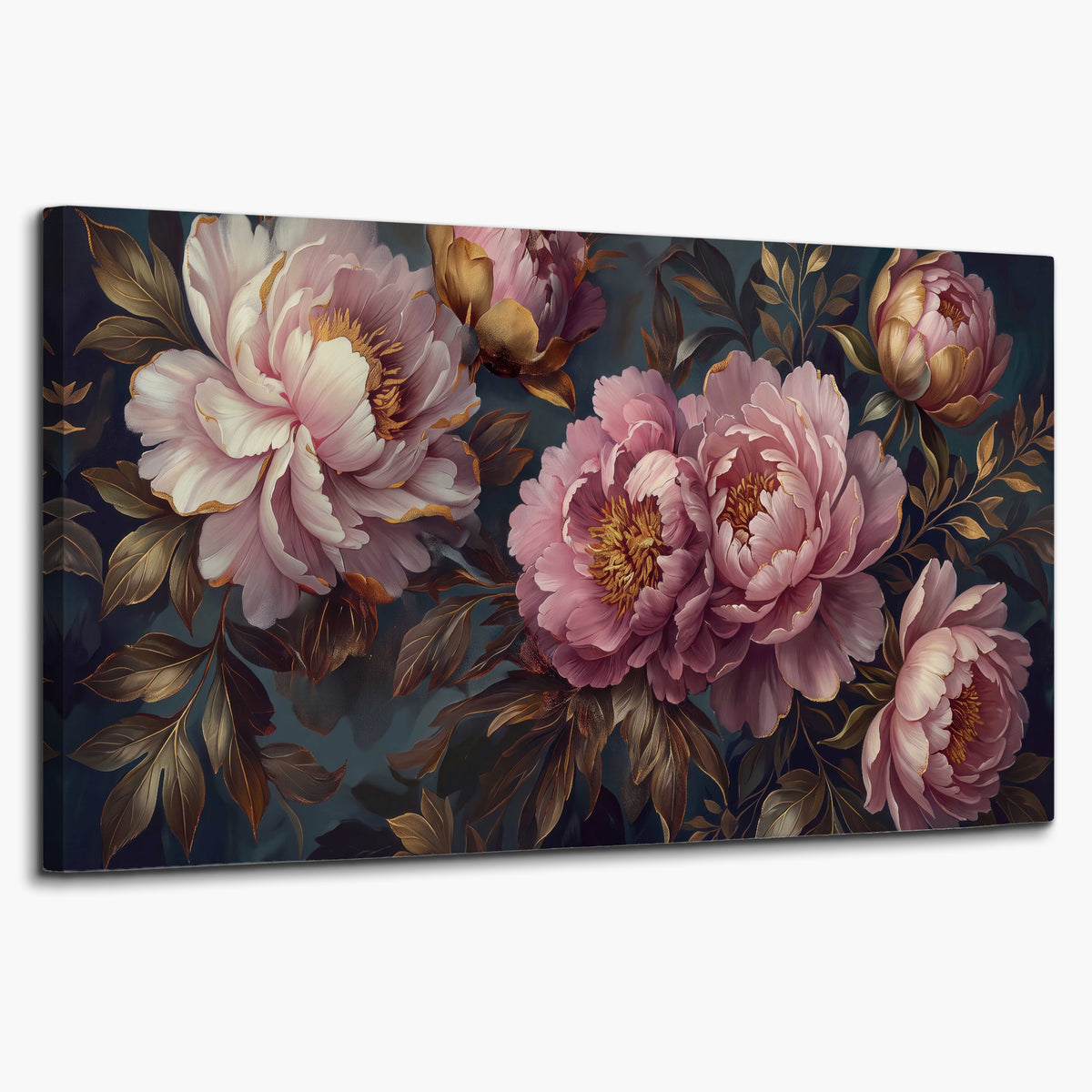 Large pink and cream peonies against deep blue foliage single canvas wall art on a white background