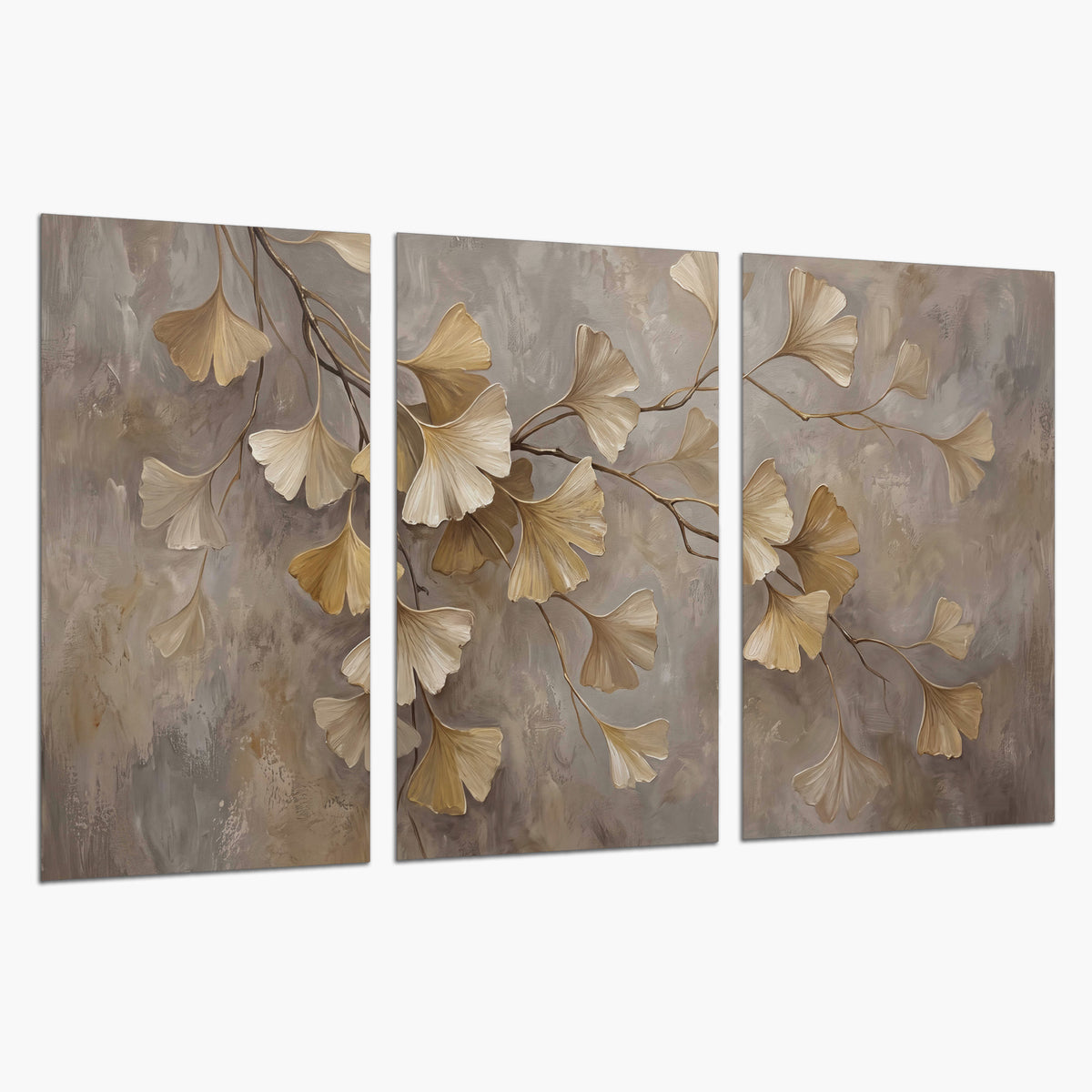 Cream and gold-colored ginkgo leaves against warm gray set of 3 poster prints on a white background