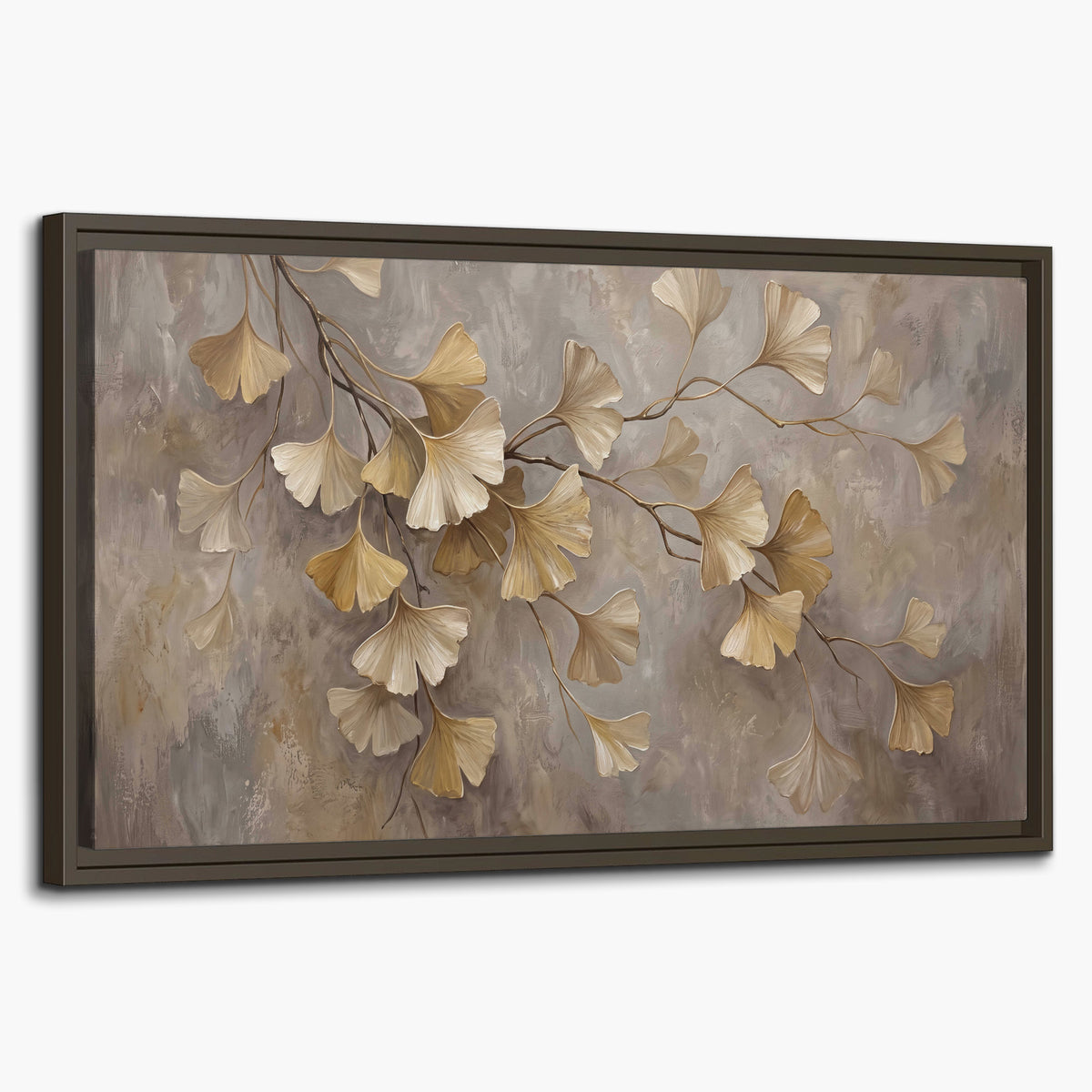 Cream and gold-colored ginkgo leaves against warm gray single framed canvas wall art on a white background