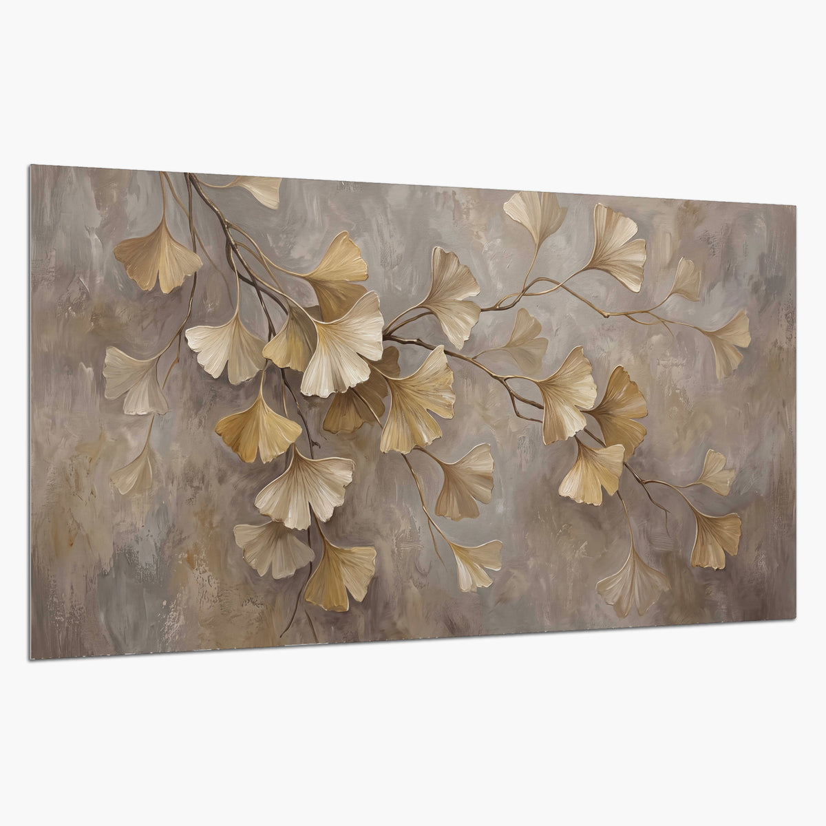Cream and gold-colored ginkgo leaves against warm gray single poster print on a white background
