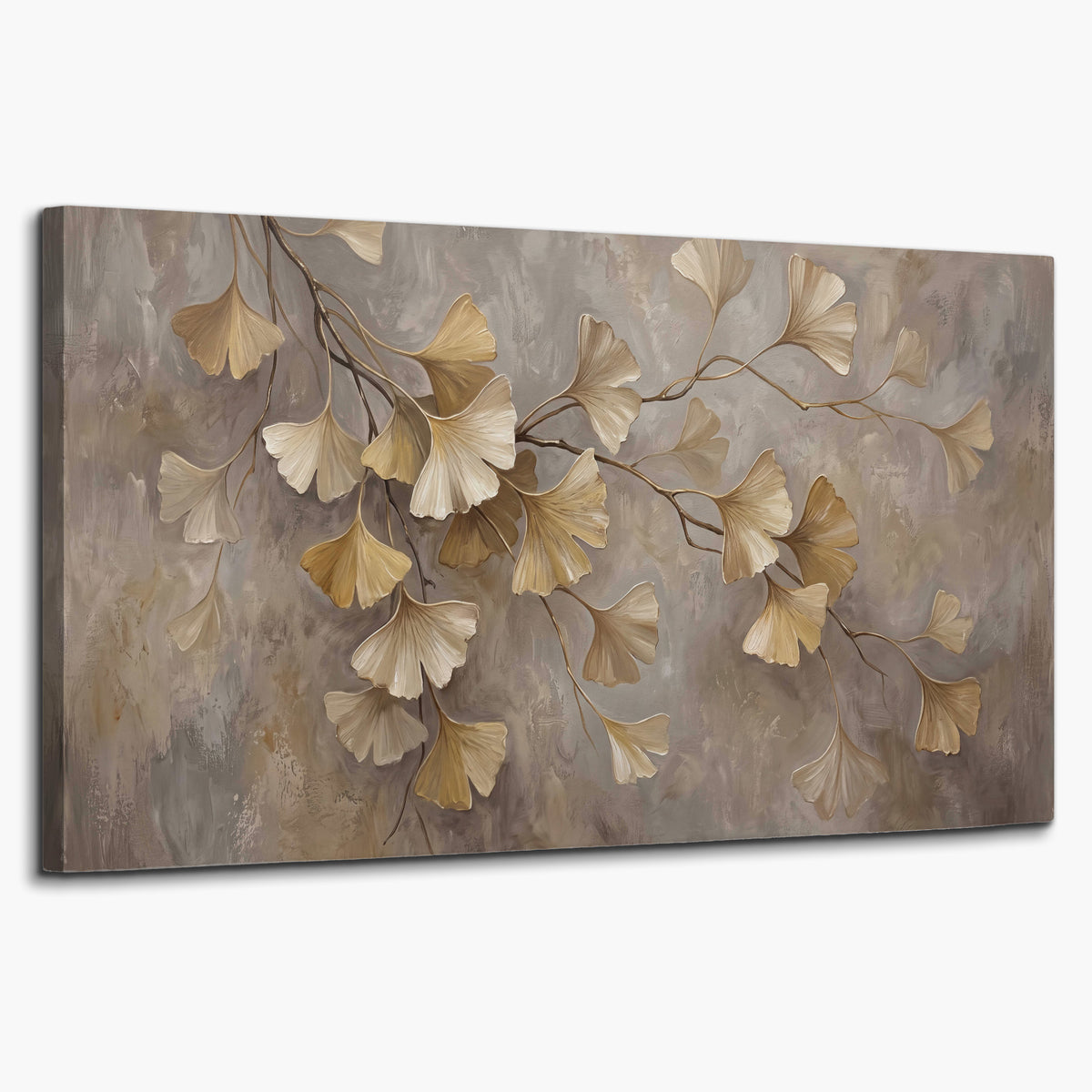 Cream and gold-colored ginkgo leaves against warm gray single canvas wall art on a white background