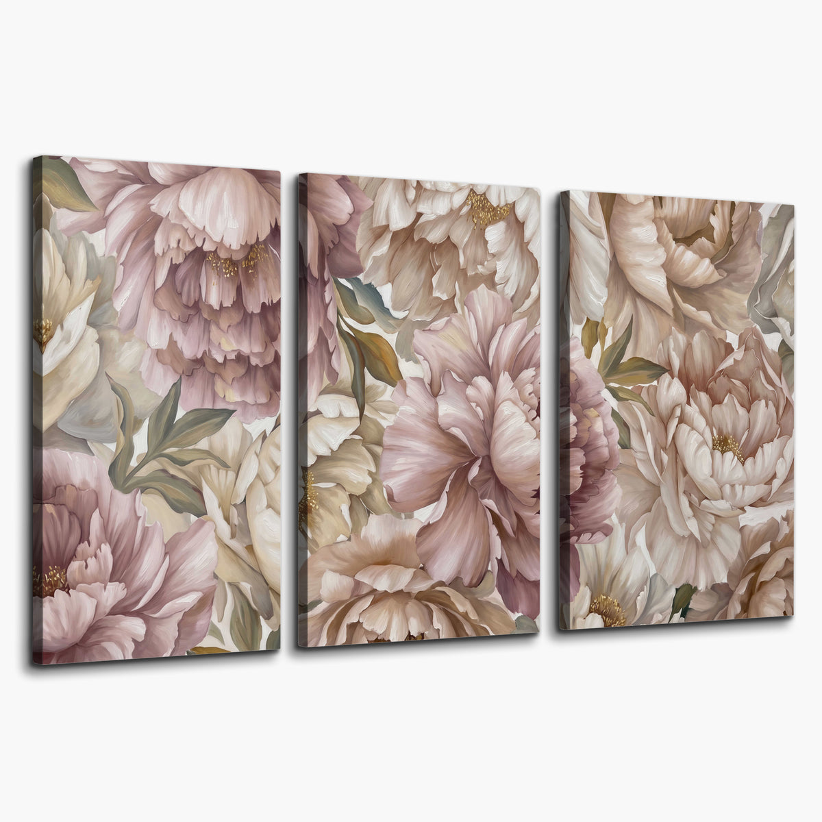 Layered soft pink and ivory flowers with sage leaves 3 piece canvas wall art on a white background