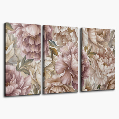 Layered soft pink and ivory flowers with sage leaves 3 piece canvas wall art on a white background