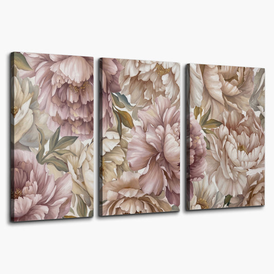 Layered soft pink and ivory flowers with sage leaves 3 piece canvas wall art on a white background