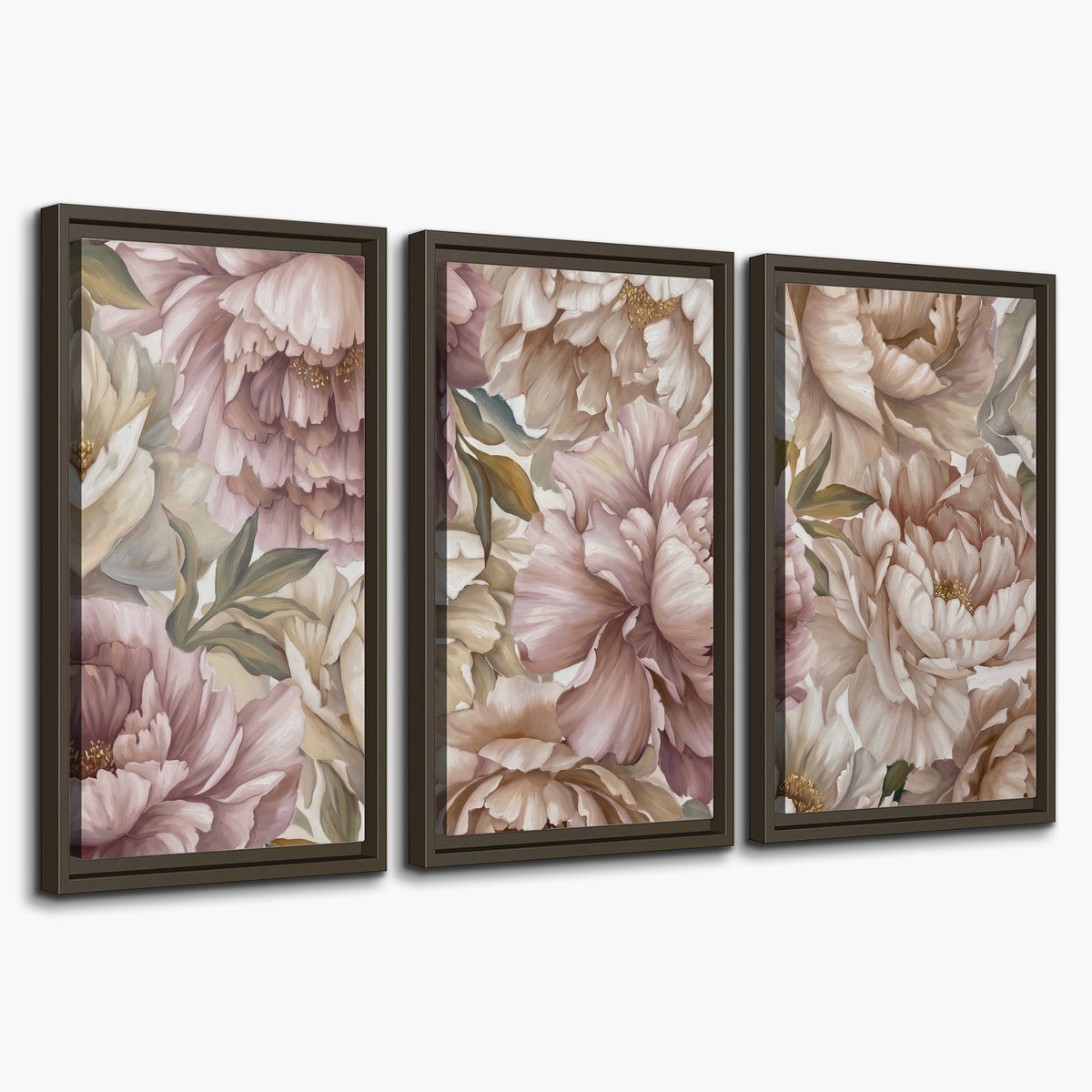 Layered soft pink and ivory flowers with sage leaves 3 piece framed canvas wall art on a white background