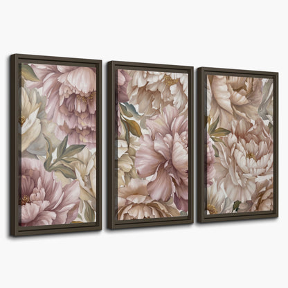Layered soft pink and ivory flowers with sage leaves 3 piece framed canvas wall art on a white background
