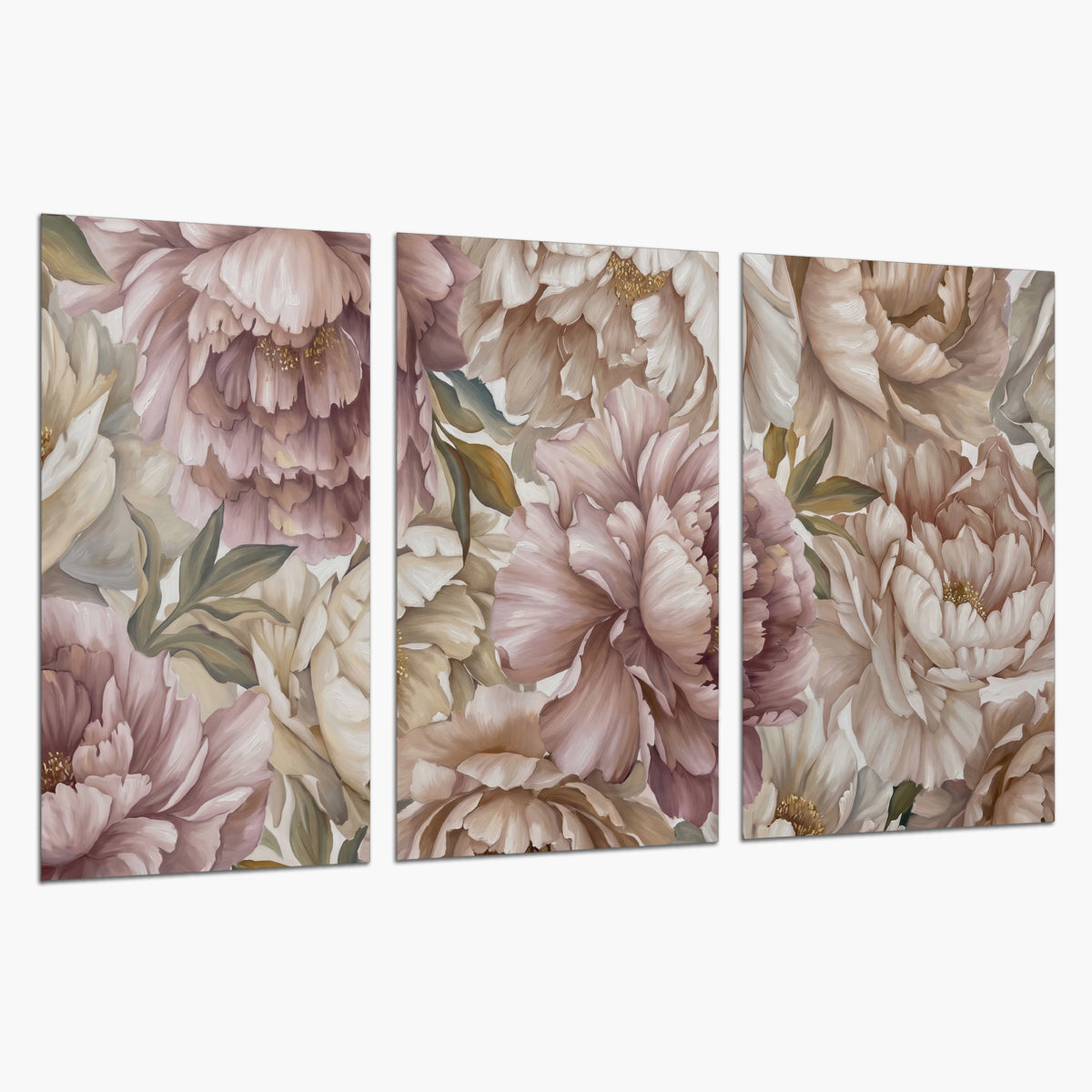 Layered soft pink and ivory flowers with sage leaves set of 3 poster prints on a white background