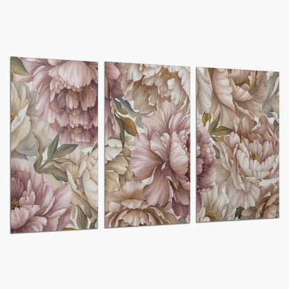 Layered soft pink and ivory flowers with sage leaves set of 3 poster prints on a white background