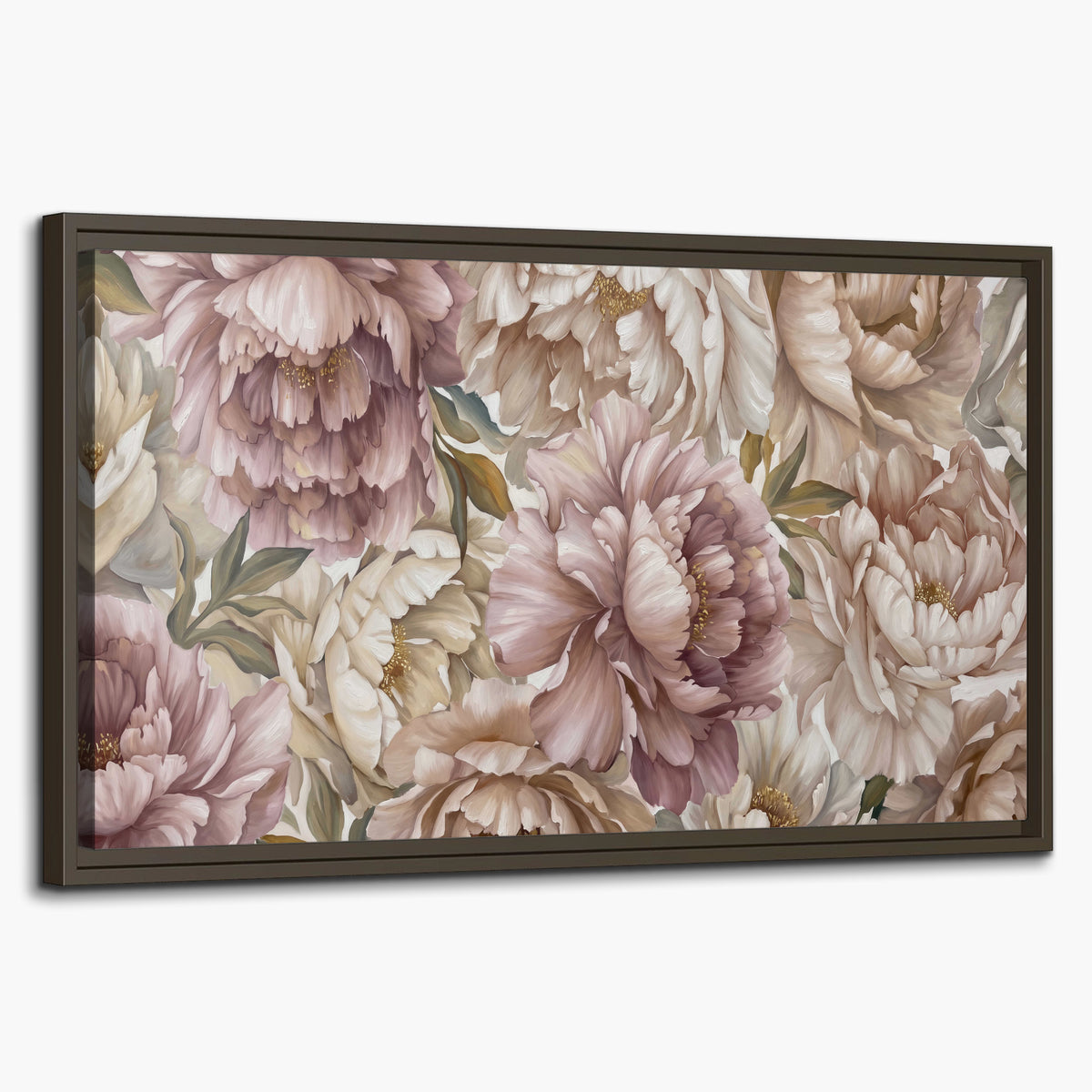Layered soft pink and ivory flowers with sage leaves single framed canvas wall art on a white background