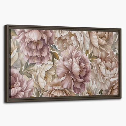 Layered soft pink and ivory flowers with sage leaves single framed canvas wall art on a white background