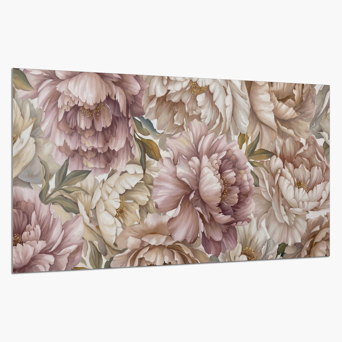 Layered soft pink and ivory flowers with sage leaves single poster print on a white background