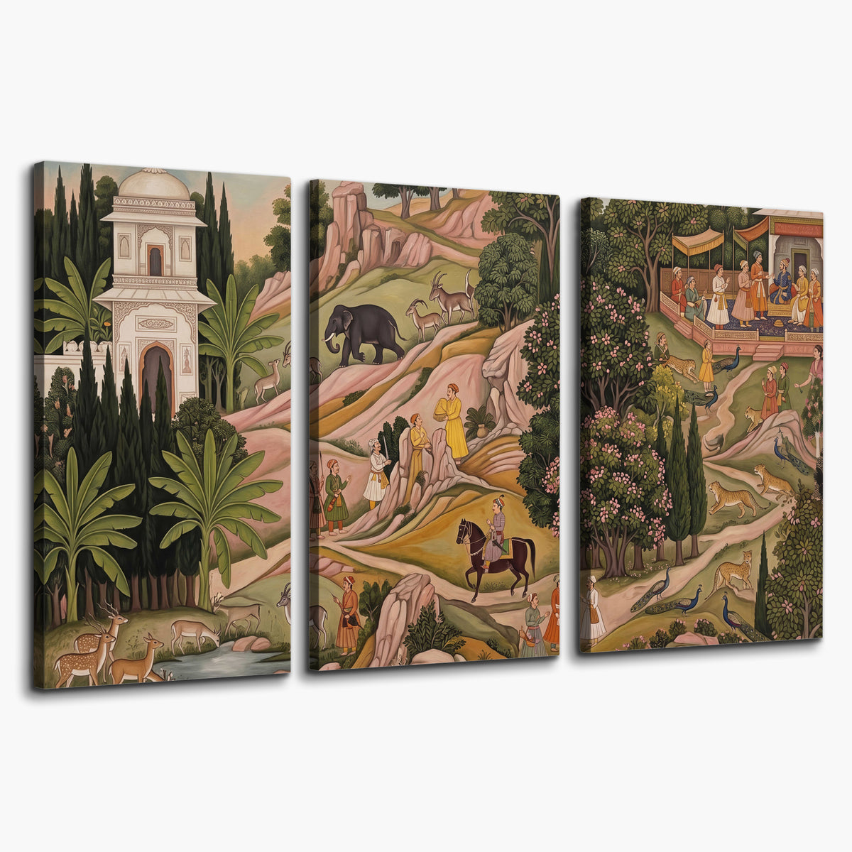 Decorative palace gardens with riders, trees and pavilions 3 piece canvas wall art on a white background