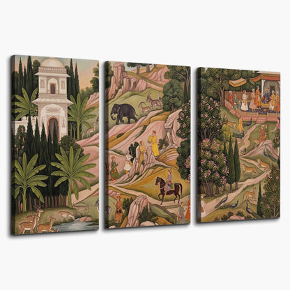 Decorative palace gardens with riders, trees and pavilions 3 piece canvas wall art on a white background
