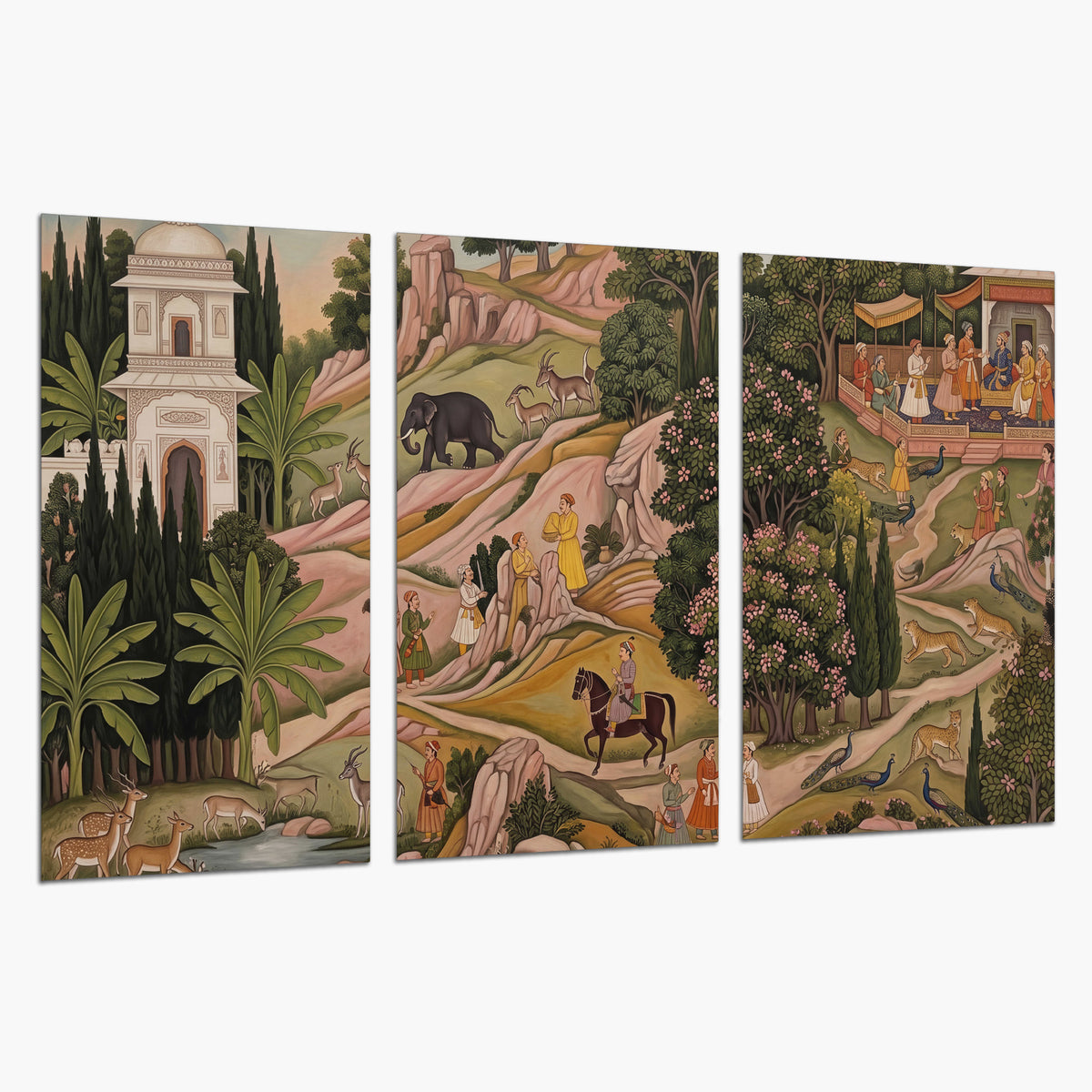 Decorative palace gardens with riders, trees and pavilions set of 3 poster prints on a white background