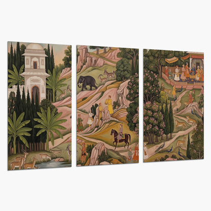 Decorative palace gardens with riders, trees and pavilions set of 3 poster prints on a white background