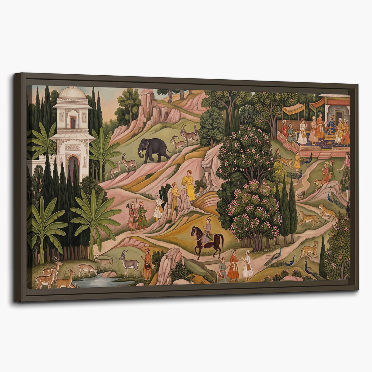 Decorative palace gardens with riders, trees and pavilions single framed canvas wall art on a white background