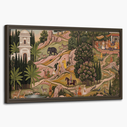 Decorative palace gardens with riders, trees and pavilions single framed canvas wall art on a white background