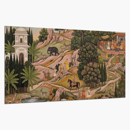 Decorative palace gardens with riders, trees and pavilions single poster print on a white background