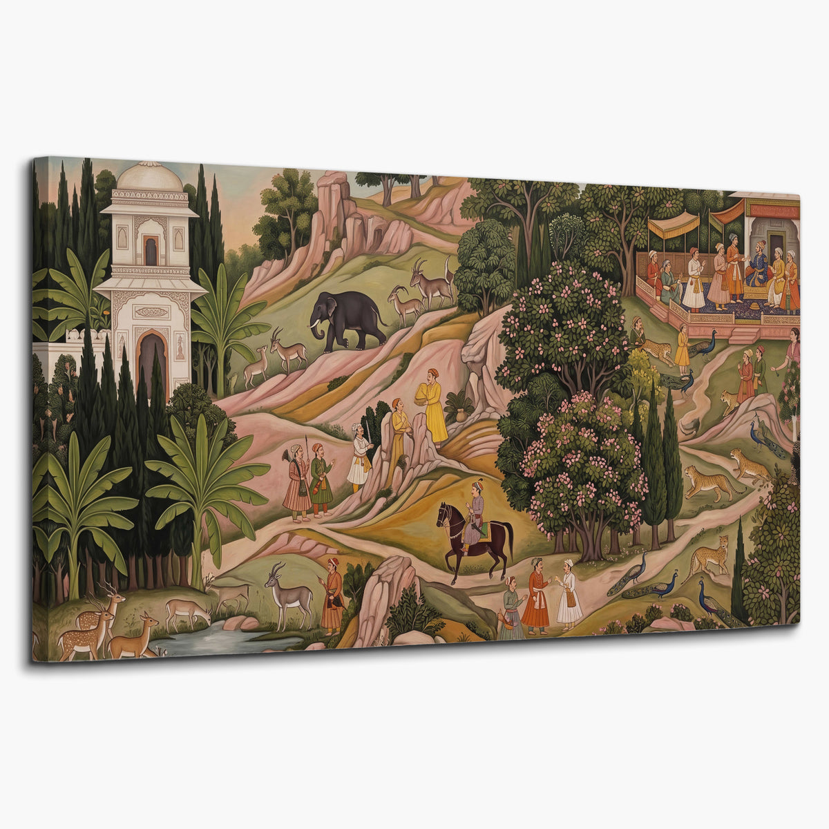 Decorative palace gardens with riders, trees and pavilions single canvas wall art on a white background