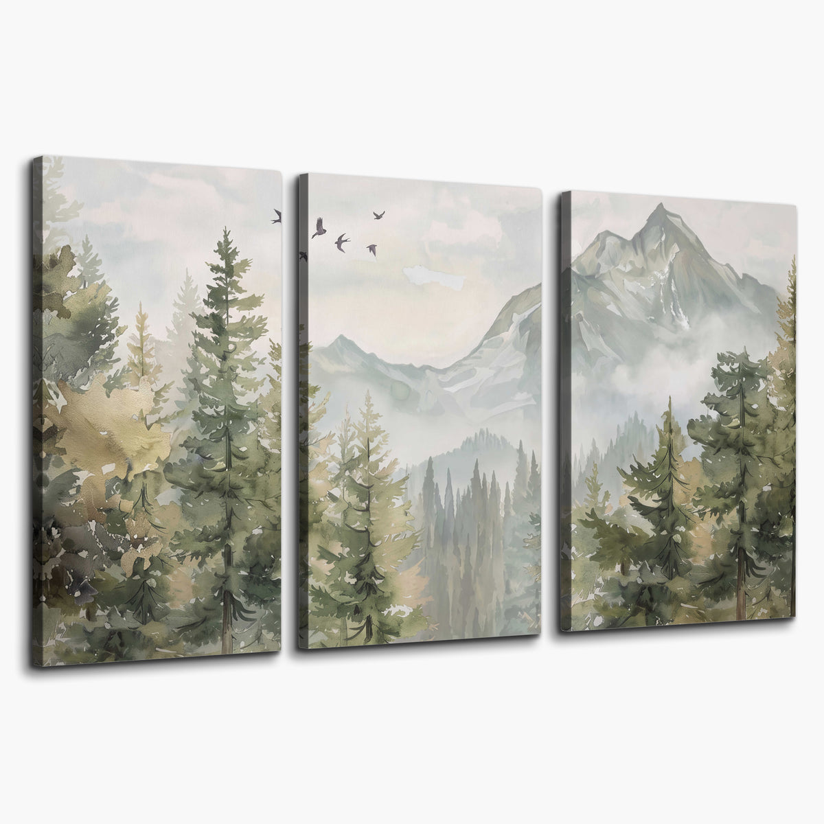 Soft green mountain peaks and evergreen trees beneath birds 3 piece canvas wall art on a white background