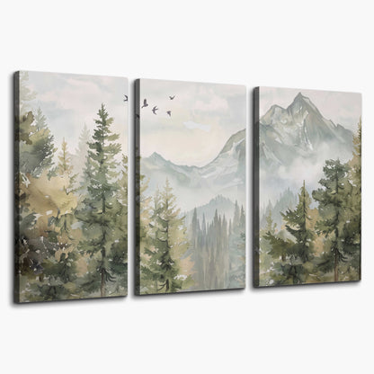 Soft green mountain peaks and evergreen trees beneath birds 3 piece canvas wall art on a white background