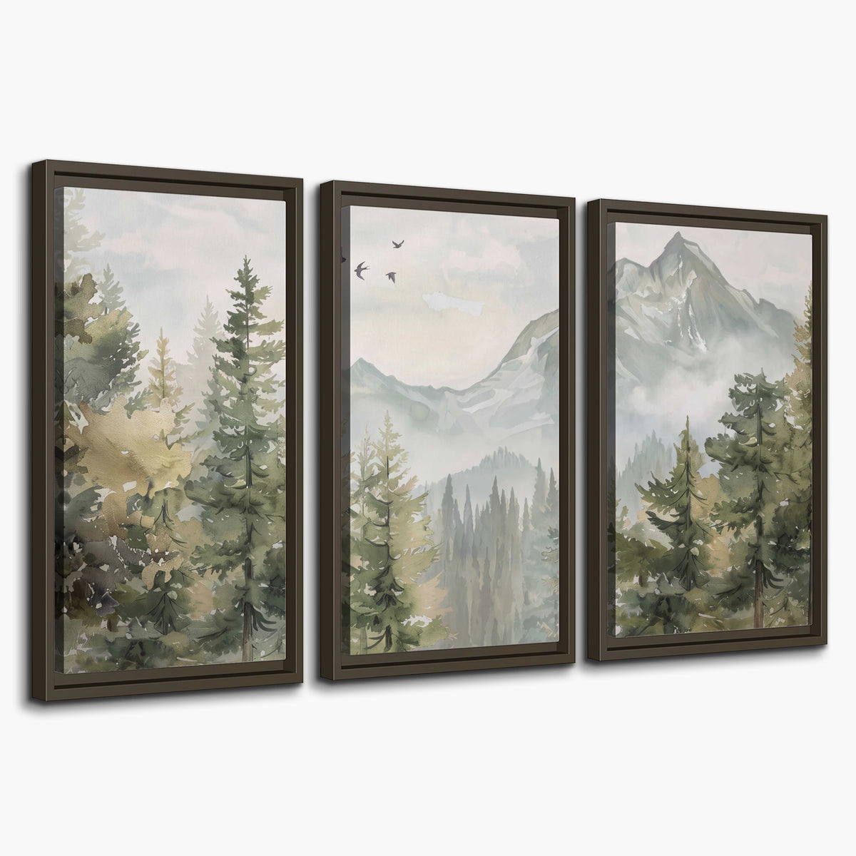 Soft green mountain peaks and evergreen trees beneath birds 3 piece framed canvas wall art on a white background