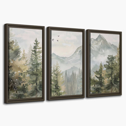 Soft green mountain peaks and evergreen trees beneath birds 3 piece framed canvas wall art on a white background