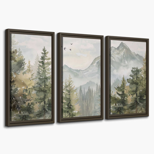 Soft green mountain peaks and evergreen trees beneath birds 3 piece framed canvas wall art on a white background