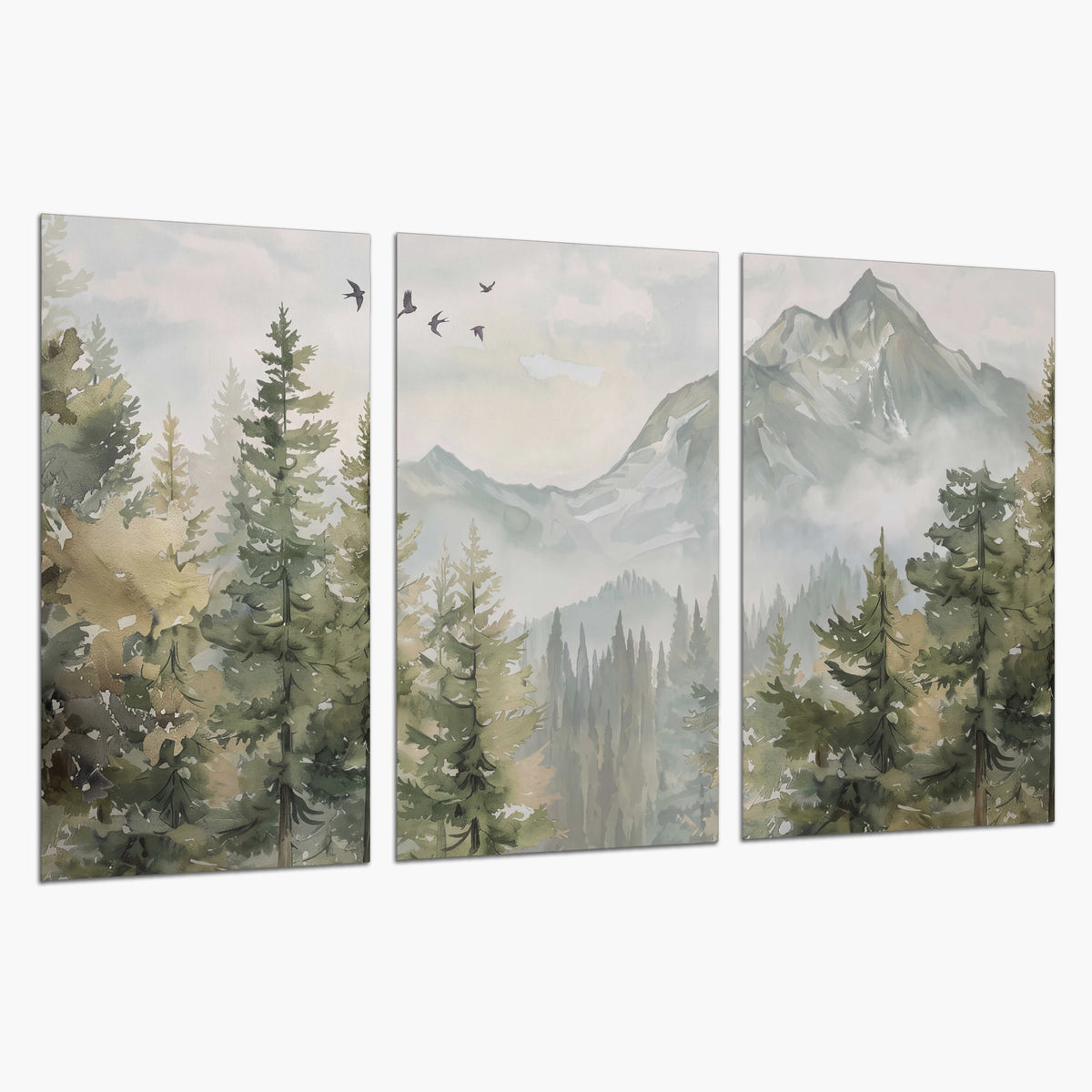 Soft green mountain peaks and evergreen trees beneath birds set of 3 poster prints on a white background