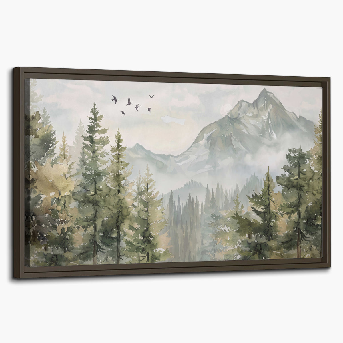 Soft green mountain peaks and evergreen trees beneath birds single framed canvas wall art on a white background