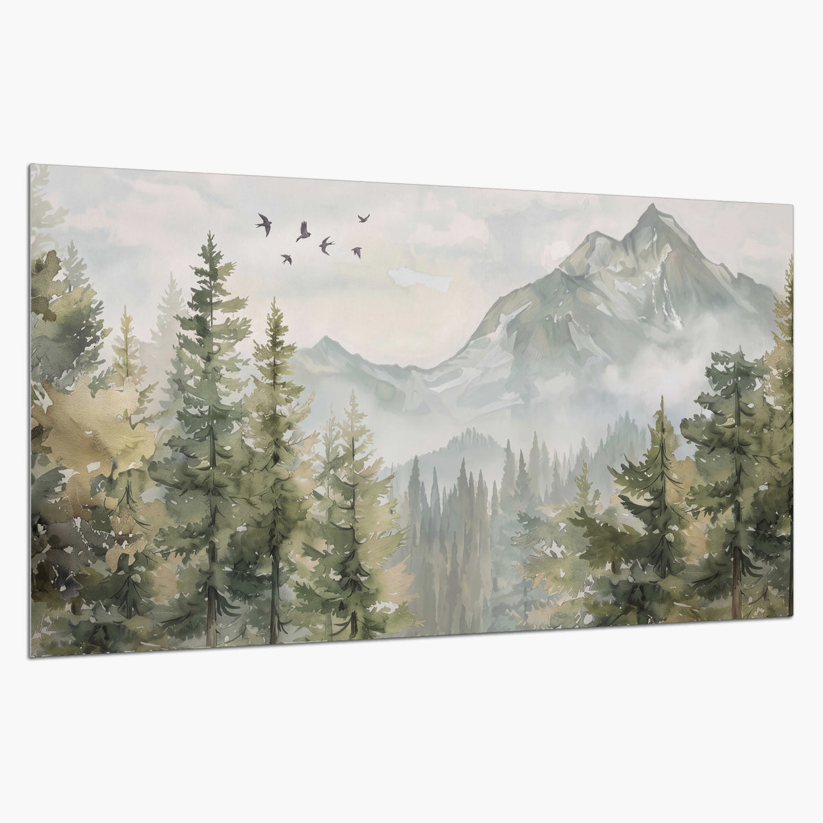 Soft green mountain peaks and evergreen trees beneath birds single poster print on a white background