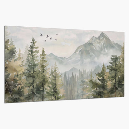 Soft green mountain peaks and evergreen trees beneath birds single poster print on a white background