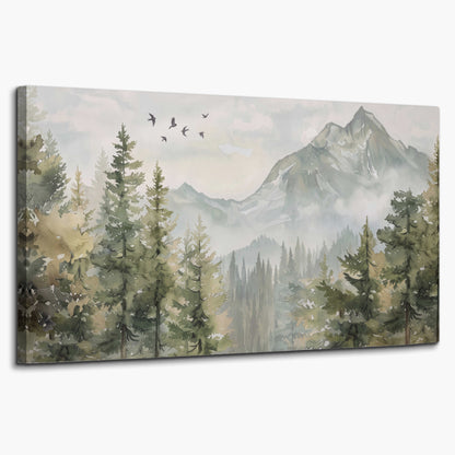 Soft green mountain peaks and evergreen trees beneath birds single canvas wall art on a white background