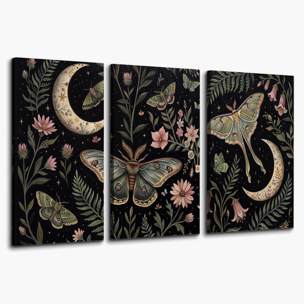 Decorative moths, crescent moons and flowers on black 3 piece canvas wall art on a white background
