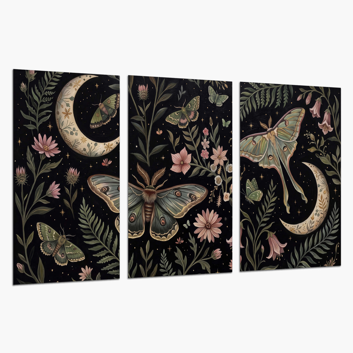 Decorative moths, crescent moons and flowers on black set of 3 poster prints on a white background