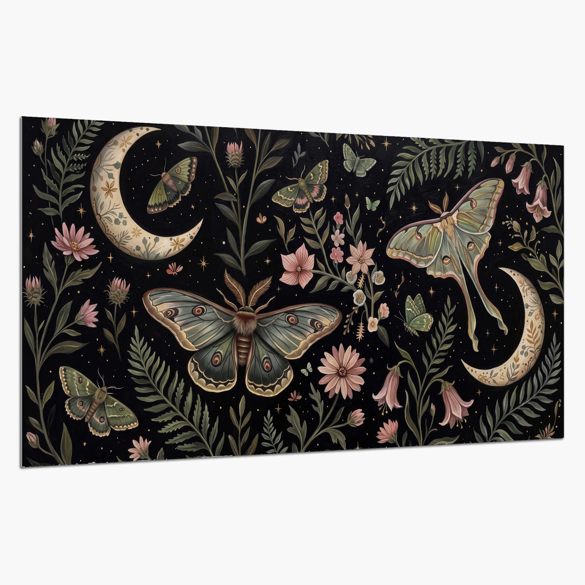 Decorative moths, crescent moons and flowers on black single poster print on a white background