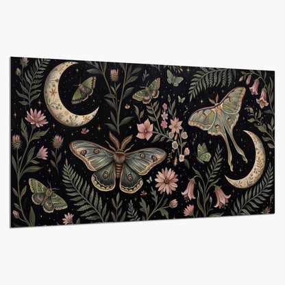 Decorative moths, crescent moons and flowers on black single poster print on a white background