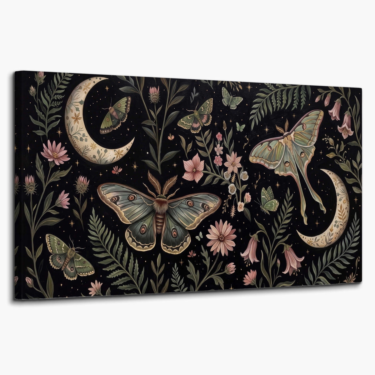 Decorative moths, crescent moons and flowers on black single canvas wall art on a white background