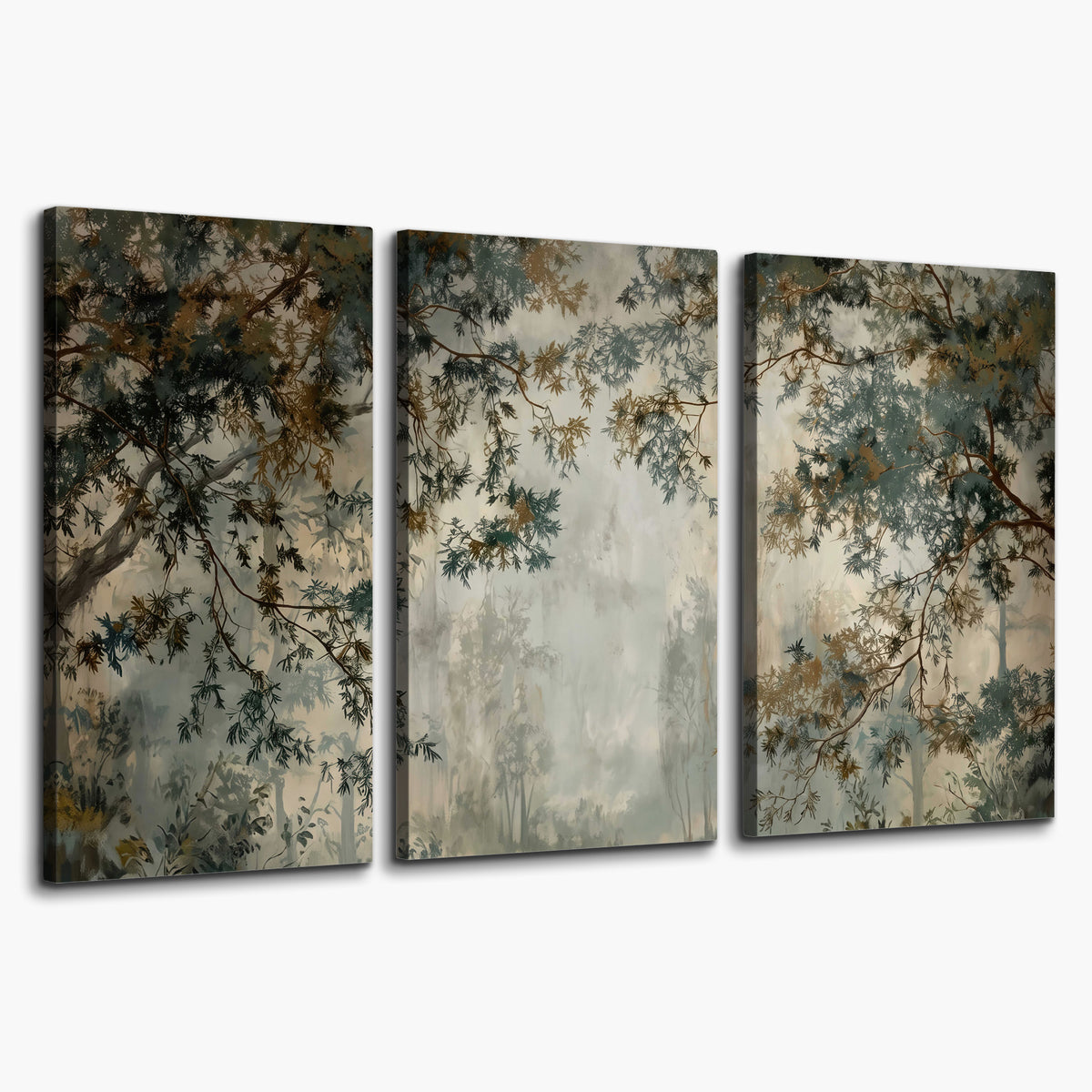 Overhanging branches framing a misty woodland clearing 3 piece canvas wall art on a white background