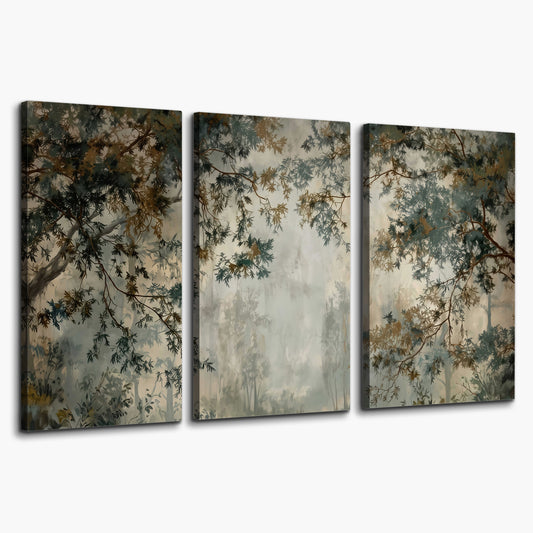 Overhanging branches framing a misty woodland clearing 3 piece canvas wall art on a white background