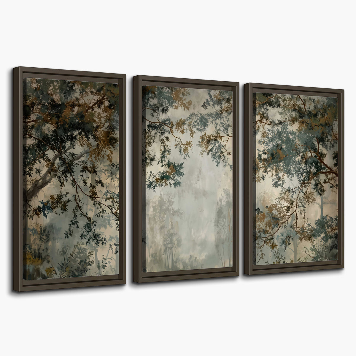 Overhanging branches framing a misty woodland clearing 3 piece framed canvas wall art on a white background