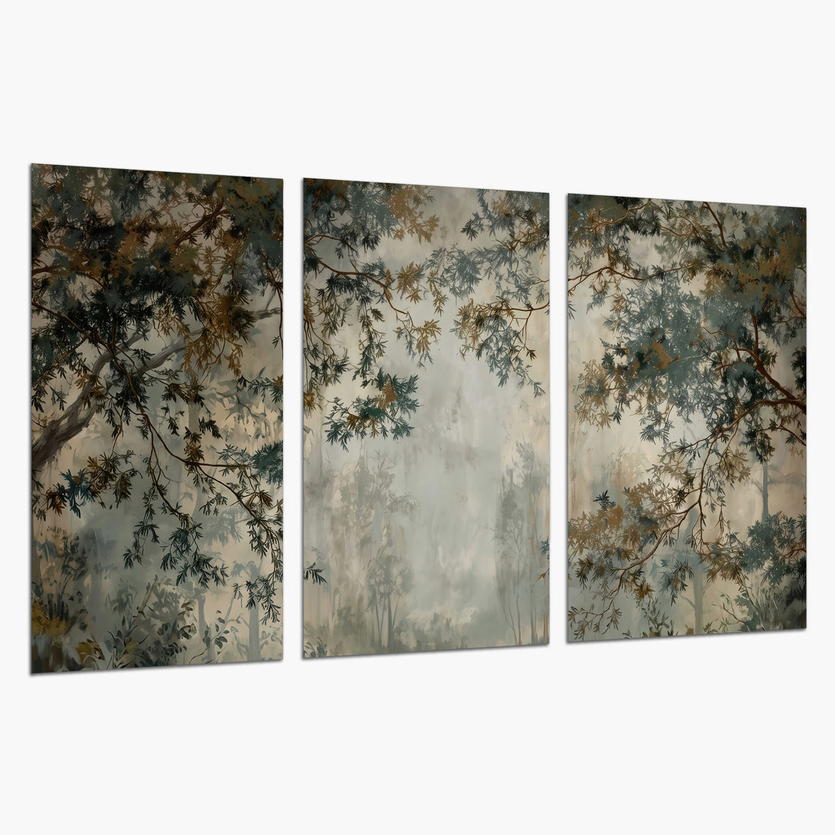 Overhanging branches framing a misty woodland clearing set of 3 poster prints on a white background