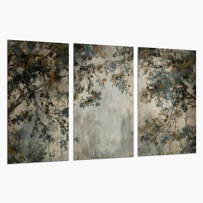 Overhanging branches framing a misty woodland clearing set of 3 poster prints on a white background